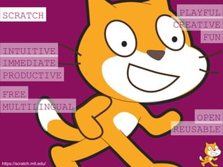 SCRATCH
INTUITIVE
https://scratch.mit.edu/
PLAYFUL
CREATIVE
PRODUCTIVE
IMMEDIATE
FREE
OPEN
REUSABLE
FUN
MULTILINGUAL
 