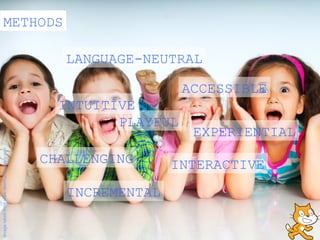 METHODS
LANGUAGE-NEUTRAL
INTUITIVE
PLAYFUL
CHALLENGING INTERACTIVE
INCREMENTAL
ACCESSIBLE
EXPERIENTIAL
Imagetakenfromwww.d...