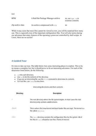 text
RPM A Red Hat Package Manager archive no, use rpm -q to
examine contents.
Zip archive data An archive compressed with zip no
While it may seem that most files cannot be viewed as text, you will be surprised how many
can. This is especially true of the important configuration files. You will also notice during
our adventure that many features of the operating system are controlled by shell scripts. In
Linux, there are no secrets!
A	Guided	Tour	
It's time to take our tour. The table below lists some interesting places to explore. This is by
no means a complete list, but it should prove to be an interesting adventure. For each of the
directories listed below, do the following:
cd into each directory.
Use ls to list the contents of the directory.
If you see an interesting file, use the file command to determine its contents.
For text files, use less to view them.
Interesting directories and their contents
Directory Description
/ The root directory where the file system begins. In most cases the root
directory only contains subdirectories.
/boot This is where the Linux kernel and boot loader files are kept. The kernel is a
file called vmlinuz.
/etc The /etc directory contains the configuration files for the system. All of
the files in /etc should be text files. Points of interest:
 
