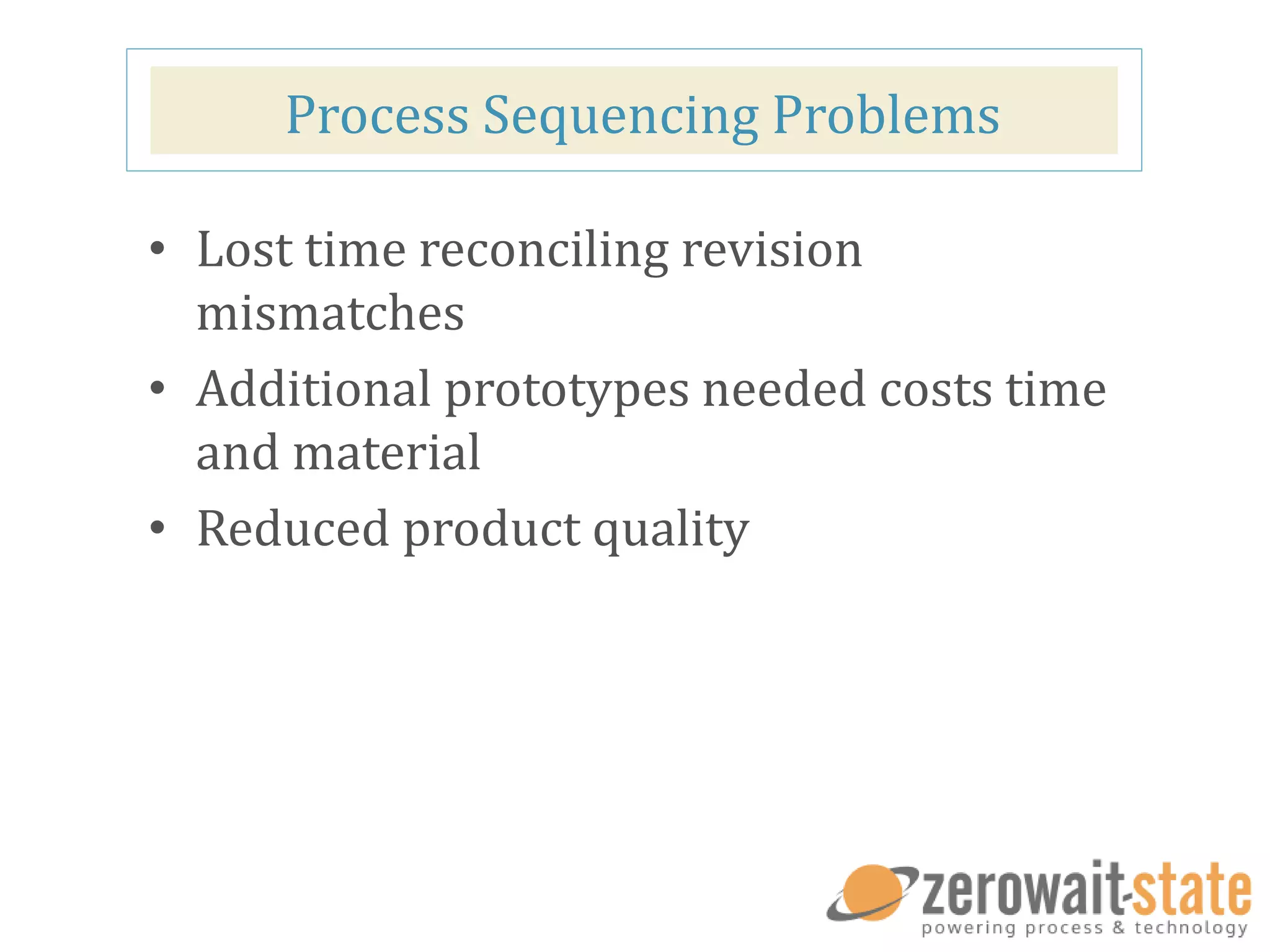 Process Sequencing Problems
• Lost time reconciling revision
mismatches
• Additional prototypes needed costs time
and material
• Reduced product quality
 