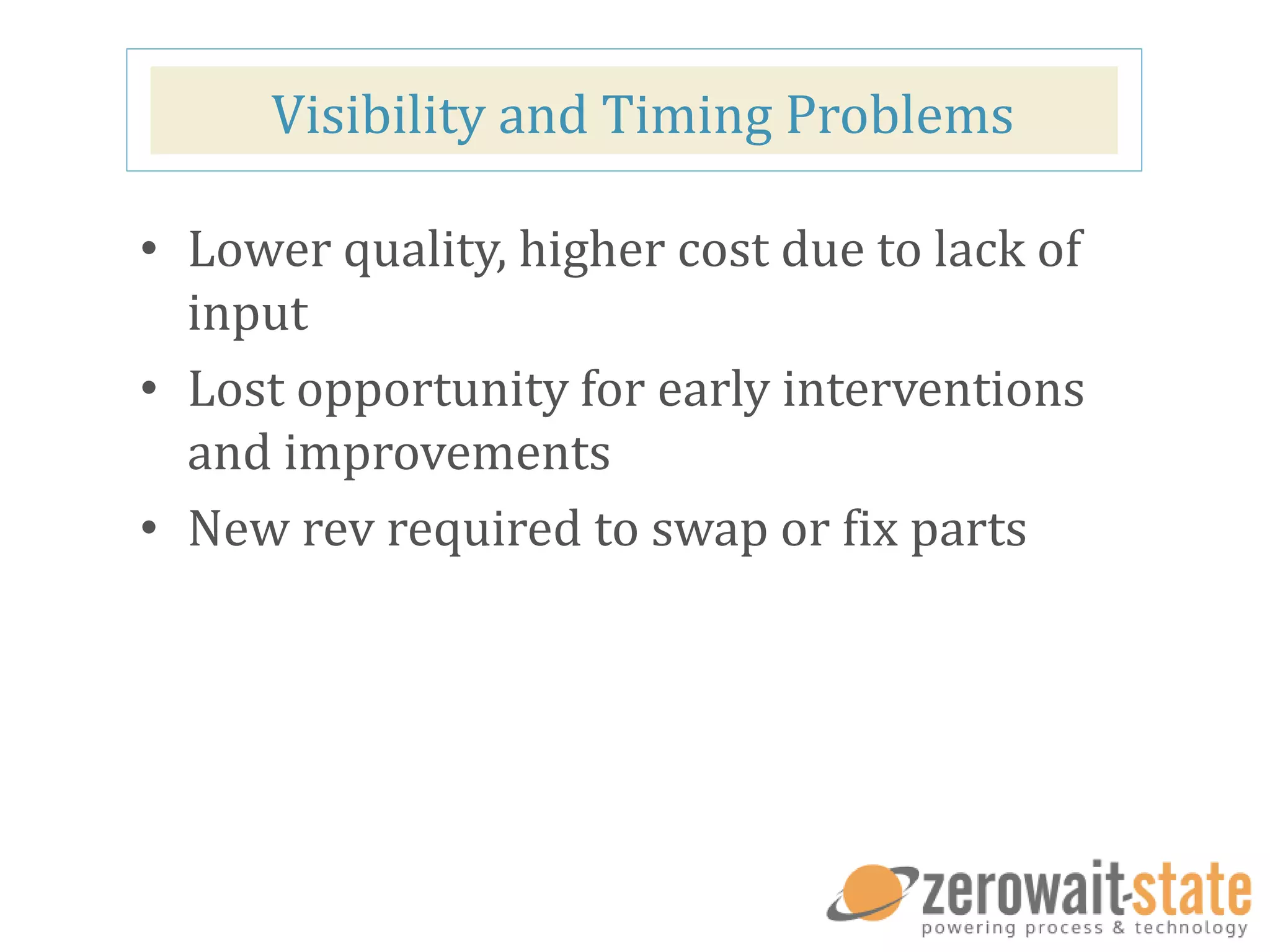 Visibility and Timing Problems
• Lower quality, higher cost due to lack of
input
• Lost opportunity for early interventions
and improvements
• New rev required to swap or fix parts
 