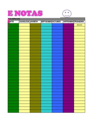 ASIGNATURA:ESPAÑOL
       MAYO      JUNIO/JULIO GOSTO
                           A         SEPTIEMBREOCTUBRE   NOVIEMBRE PROMEDIO
                                                                    #DIV/0!
 