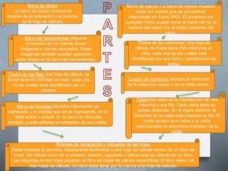 Barra de títulos
La barra de títulos muestra el
nombre de la aplicación y el nombre
de la hoja de cálculo.
Barra de menús: La barra de menús muestra
todos los menús que se encuentran
disponibles en Excel 2003. El contenido de
cualquier menú puede verse al hacer clic en el
nombre del menú con el botón izquierdo del
ratón.
Barra de herramientas: Algunos
comandos de los menús tienen
imágenes o iconos asociados. Estas
imágenes también pueden aparecer
como atajos en la barra de herramientas.
Títulos de las columnas: Una hoja de
cálculo de Excel tiene 256 columnas en
total, cada una de las cuales está
identificada por una letra o combinación de
letras.
Títulos de las filas Una hoja de cálculo de
Excel tiene 65.536 filas en total, cada una
de las cuales está identificada por un
número.
Cuadro de nombres: Muestra la dirección
de la selección actual o de la celda activa.
Barra de fórmulas Muestra información ya
ingresada, o a medida que se va ingresando, en la
celda activa o actual. En la barra de fórmulas
también puede editarse el contenido de una celda.
CeldaUna celda es la intersección de una
columna y una fila. Cada celda tiene su
propia dirección. En la figura anterior, la
dirección de la celda seleccionada es B3. El
borde grueso que rodea a la celda
seleccionada se denomina indicador de la
celda.
Botones de navegación y etiquetas de las hojas
Estos botones le permiten desplazarse fácilmente a otra hoja de cálculo dentro de un libro de
Excel. Se utilizan para ver la primera, anterior, siguiente o última hoja de cálculo de un libro.
Las etiquetas de las hojas separan un libro en hojas de cálculo específicas. El libro viene con
tres hojas de cálculo. Un libro debe tener por lo menos una hoja de cálculo.
 
