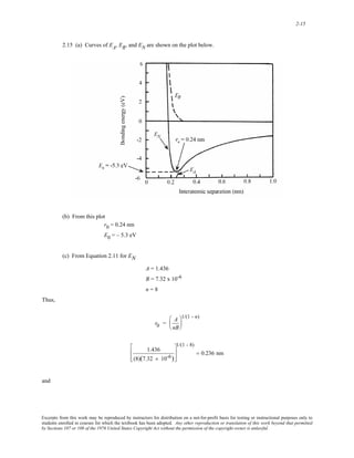 2-15 
2.15 (a) Curves of EA, ER, and EN are shown on the plot below. 
(b) From this plot 
r0 = 0.24 nm 
E0 = – 5.3 eV 
(c) From Equation 2.11 for EN 
A = 1.436 
B = 7.32 x 10-6 
n = 8 
Thus, 
r0 = A 
nB 
⎛ 
⎜ 
⎝ 
1/(1 - n) 
⎞ 
⎟ 
⎠ 
1.436 
(8)(7.32 × 10-6) 
⎡ 
⎢ 
⎣ 
⎢ 
1/(1 - 8) 
⎤ 
⎥ 
⎦ 
⎥ 
= 0.236 nm 
and 
Excerpts from this work may be reproduced by instructors for distribution on a not-for-profit basis for testing or instructional purposes only to 
students enrolled in courses for which the textbook has been adopted. Any other reproduction or translation of this work beyond that permitted 
by Sections 107 or 108 of the 1976 United States Copyright Act without the permission of the copyright owner is unlawful. 
 