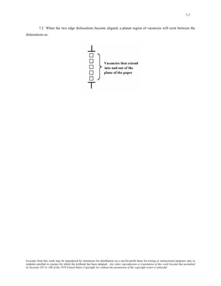 7-2 
7.2 When the two edge dislocations become aligned, a planar region of vacancies will exist between the 
dislocations as: 
Excerpts from this work may be reproduced by instructors for distribution on a not-for-profit basis for testing or instructional purposes only to 
students enrolled in courses for which the textbook has been adopted. Any other reproduction or translation of this work beyond that permitted 
by Sections 107 or 108 of the 1976 United States Copyright Act without the permission of the copyright owner is unlawful. 
 