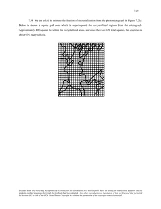 7-40 
7.34 We are asked to estimate the fraction of recrystallization from the photomicrograph in Figure 7.21c. 
Below is shown a square grid onto which is superimposed the recrystallized regions from the micrograph. 
Approximately 400 squares lie within the recrystallized areas, and since there are 672 total squares, the specimen is 
about 60% recrystallized. 
Excerpts from this work may be reproduced by instructors for distribution on a not-for-profit basis for testing or instructional purposes only to 
students enrolled in courses for which the textbook has been adopted. Any other reproduction or translation of this work beyond that permitted 
by Sections 107 or 108 of the 1976 United States Copyright Act without the permission of the copyright owner is unlawful. 
 