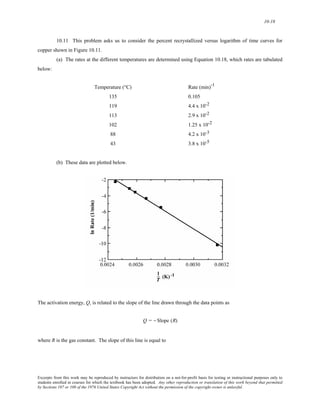 10-18 
10.11 This problem asks us to consider the percent recrystallized versus logarithm of time curves for 
copper shown in Figure 10.11. 
(a) The rates at the different temperatures are determined using Equation 10.18, which rates are tabulated 
below: 
Temperature (°C) Rate (min)-1 
135 0.105 
119 4.4 x 10-2 
113 2.9 x 10-2 
102 1.25 x 10-2 
88 4.2 x 10-3 
43 3.8 x 10-5 
(b) These data are plotted below. 
The activation energy, Q, is related to the slope of the line drawn through the data points as 
Q = − Slope (R) 
where R is the gas constant. The slope of this line is equal to 
Excerpts from this work may be reproduced by instructors for distribution on a not-for-profit basis for testing or instructional purposes only to 
students enrolled in courses for which the textbook has been adopted. Any other reproduction or translation of this work beyond that permitted 
by Sections 107 or 108 of the 1976 United States Copyright Act without the permission of the copyright owner is unlawful. 
 