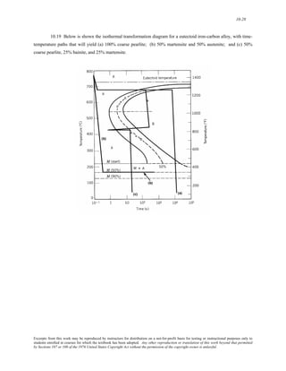 10-28 
10.19 Below is shown the isothermal transformation diagram for a eutectoid iron-carbon alloy, with time-temperature 
paths that will yield (a) 100% coarse pearlite; (b) 50% martensite and 50% austenite; and (c) 50% 
coarse pearlite, 25% bainite, and 25% martensite. 
Excerpts from this work may be reproduced by instructors for distribution on a not-for-profit basis for testing or instructional purposes only to 
students enrolled in courses for which the textbook has been adopted. Any other reproduction or translation of this work beyond that permitted 
by Sections 107 or 108 of the 1976 United States Copyright Act without the permission of the copyright owner is unlawful. 
 