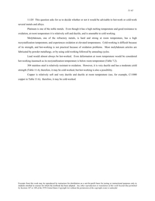 11-41 
11.D5 This question asks for us to decide whether or not it would be advisable to hot-work or cold-work 
several metals and alloys. 
Platinum is one of the noble metals. Even though it has a high melting temperature and good resistance to 
oxidation, at room temperature it is relatively soft and ductile, and is amenable to cold working. 
Molybdenum, one of the refractory metals, is hard and strong at room temperature, has a high 
recrystallization temperature, and experiences oxidation at elevated temperatures. Cold-working is difficult because 
of its strength, and hot-working is not practical because of oxidation problems. Most molybdenum articles are 
fabricated by powder metallurgy, or by using cold-working followed by annealing cycles. 
Lead would almost always be hot-worked. Even deformation at room temperature would be considered 
hot-working inasmuch as its recrystallization temperature is below room temperature (Table 7.2). 
304 stainless steel is relatively resistant to oxidation. However, it is very ductile and has a moderate yield 
strength (Table 11.4), therefore, it may be cold-worked, but hot-working is also a possibility. 
Copper is relatively soft and very ductile and ductile at room temperature (see, for example, C11000 
copper in Table 11.6); therefore, it may be cold-worked. 
Excerpts from this work may be reproduced by instructors for distribution on a not-for-profit basis for testing or instructional purposes only to 
students enrolled in courses for which the textbook has been adopted. Any other reproduction or translation of this work beyond that permitted 
by Sections 107 or 108 of the 1976 United States Copyright Act without the permission of the copyright owner is unlawful. 
 