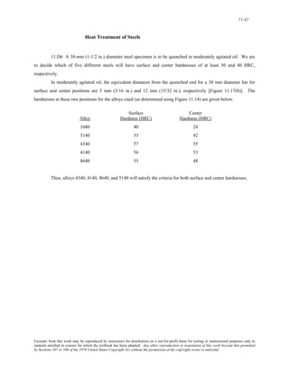 11-42 
Heat Treatment of Steels 
11.D6 A 38-mm (1-1/2 in.) diameter steel specimen is to be quenched in moderately agitated oil. We are 
to decide which of five different steels will have surface and center hardnesses of at least 50 and 40 HRC, 
respectively. 
In moderately agitated oil, the equivalent distances from the quenched end for a 38 mm diameter bar for 
surface and center positions are 5 mm (3/16 in.) and 12 mm (15/32 in.), respectively [Figure 11.17(b)]. The 
hardnesses at these two positions for the alloys cited (as determined using Figure 11.14) are given below. 
Surface Center 
Alloy Hardness (HRC) Hardness (HRC) 
1040 40 24 
5140 53 42 
4340 57 55 
4140 56 53 
8640 55 48 
Thus, alloys 4340, 4140, 8640, and 5140 will satisfy the criteria for both surface and center hardnesses. 
Excerpts from this work may be reproduced by instructors for distribution on a not-for-profit basis for testing or instructional purposes only to 
students enrolled in courses for which the textbook has been adopted. Any other reproduction or translation of this work beyond that permitted 
by Sections 107 or 108 of the 1976 United States Copyright Act without the permission of the copyright owner is unlawful. 
 
