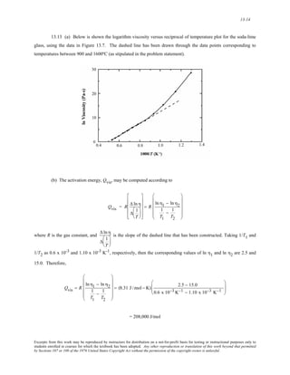 13-14 
13.13 (a) Below is shown the logarithm viscosity versus reciprocal of temperature plot for the soda-lime 
glass, using the data in Figure 13.7. The dashed line has been drawn through the data points corresponding to 
temperatures between 900 and 1600ºC (as stipulated in the problem statement). 
(b) The activation energy, Qvis, may be computed according to 
⎢ 
⎢ 
⎢ 
⎢ 
Qvis = R Δ ln η 
⎛ 
⎝ 
Δ 1 
⎜ 
T 
⎞ 
⎟ 
⎠ 
⎡ 
⎣ 
⎤ 
⎥ 
⎥ 
⎥ 
⎥ 
⎦ 
= R 
ln η1 − ln η2 
1 
− 1 
T1 
T2 
⎛ 
⎜ 
⎜ 
⎜ 
⎜ 
⎝ 
⎞ 
⎟ 
⎟ 
⎟ 
⎟ 
⎠ 
where R is the gas constant, and 
Δ ln η 
⎛ 
1 
⎞ 
Δ ⎜ 
⎟ 
⎝ 
T 
⎠ 
is the slope of the dashed line that has been constructed. Taking 1/T1 and 
1/T2 as 0.6 x 10-3 and 1.10 x 10-3 K-1, respectively, then the corresponding values of ln η1 and ln η2 are 2.5 and 
15.0. Therefore, 
Qvis = R 
ln η1 − ln η2 
1 
− 1 
T1 
T2 
⎛ 
⎜ 
⎜ 
⎜ 
⎜ 
⎝ 
⎞ 
⎟ 
⎟ 
⎟ 
⎟ 
⎠ 
= (8.31 J /mol − K) 2.5 − 15.0 
0.6 x 10−3 K−1 − 1.10 x 10−3 K−1 
⎛ 
⎜⎜ 
⎝ 
⎞ 
⎟⎟ 
⎠ 
= 208,000 J/mol 
Excerpts from this work may be reproduced by instructors for distribution on a not-for-profit basis for testing or instructional purposes only to 
students enrolled in courses for which the textbook has been adopted. Any other reproduction or translation of this work beyond that permitted 
by Sections 107 or 108 of the 1976 United States Copyright Act without the permission of the copyright owner is unlawful. 
 
