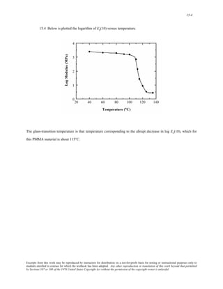 15-4 
15.4 Below is plotted the logarithm of Er(10) versus temperature. 
The glass-transition temperature is that temperature corresponding to the abrupt decrease in log Er(10), which for 
this PMMA material is about 115°C. 
Excerpts from this work may be reproduced by instructors for distribution on a not-for-profit basis for testing or instructional purposes only to 
students enrolled in courses for which the textbook has been adopted. Any other reproduction or translation of this work beyond that permitted 
by Sections 107 or 108 of the 1976 United States Copyright Act without the permission of the copyright owner is unlawful. 
 