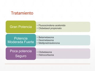 Tratamiento 
• Fluococinolona acetonido 
• Clobetasol propionato Gran Potencia 
• Betametasona 
• Deximetasona 
• Metilprednisolonona 
Potencia 
Moderada Fuerte 
• Clobetasona 
• Hidrocortisona 
Poca potencia 
Seguro 
 