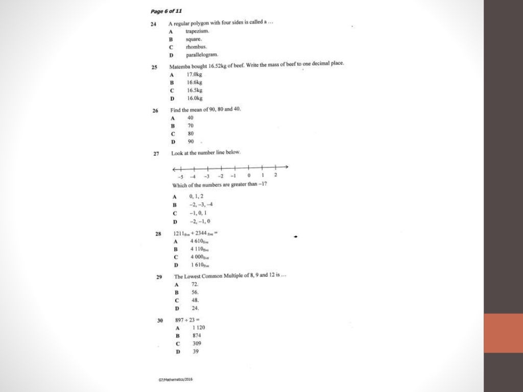 ECZ Grade 7 Maths 2016 Past Paper.