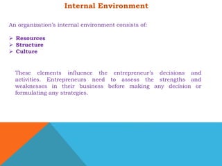 Internal Environment 
An organization’s internal environment consists of: 
 Resources 
 Structure 
 Culture 
These elements influence the entrepreneur’s decisions and 
activities. Entrepreneurs need to assess the strengths and 
weaknesses in their business before making any decision or 
formulating any strategies. 
 