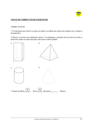 Instituto de Educação Aberta e à Distância 13
CHAVE DE CORRECÇÃO DE EXERCÍCIOS
FORMA-FUNÇÃO
1. É importante que observe na peça ou objecto escolhido que tenha uma relação com a função a
desempenhar.
2. Observe as formas das embalagens abaixo. As embalagens a produzir devem estar de acordo as
dimensões dadas no enunciado para cada forma (sólido) pedido.
3. Panela de Metal_______ Barro_______Borracha________ Plástico
X X
 