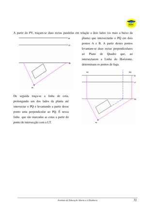Instituto de Educação Aberta e à Distância 32
A partir do PV, traçam-se duas rectas paralelas em relação a dois lados (os mais a baixo da
planta) que intersectarão o PQ em dois
pontos A e B. A partir destes pontos
levantam-se duas rectas perpendiculares
ao Plano de Quadro que, ao
intersectarem a Linha do Horizonte,
determinam os pontos de fuga.
De seguida traça-se a linha de cota,
prolongando um dos lados da planta até
intersectar o PQ e levantando a partir desse
ponto uma perpendicular ao PQ. É nessa
linha que são marcadas as cotas a partir do
ponto de intersecção com a LT.
 