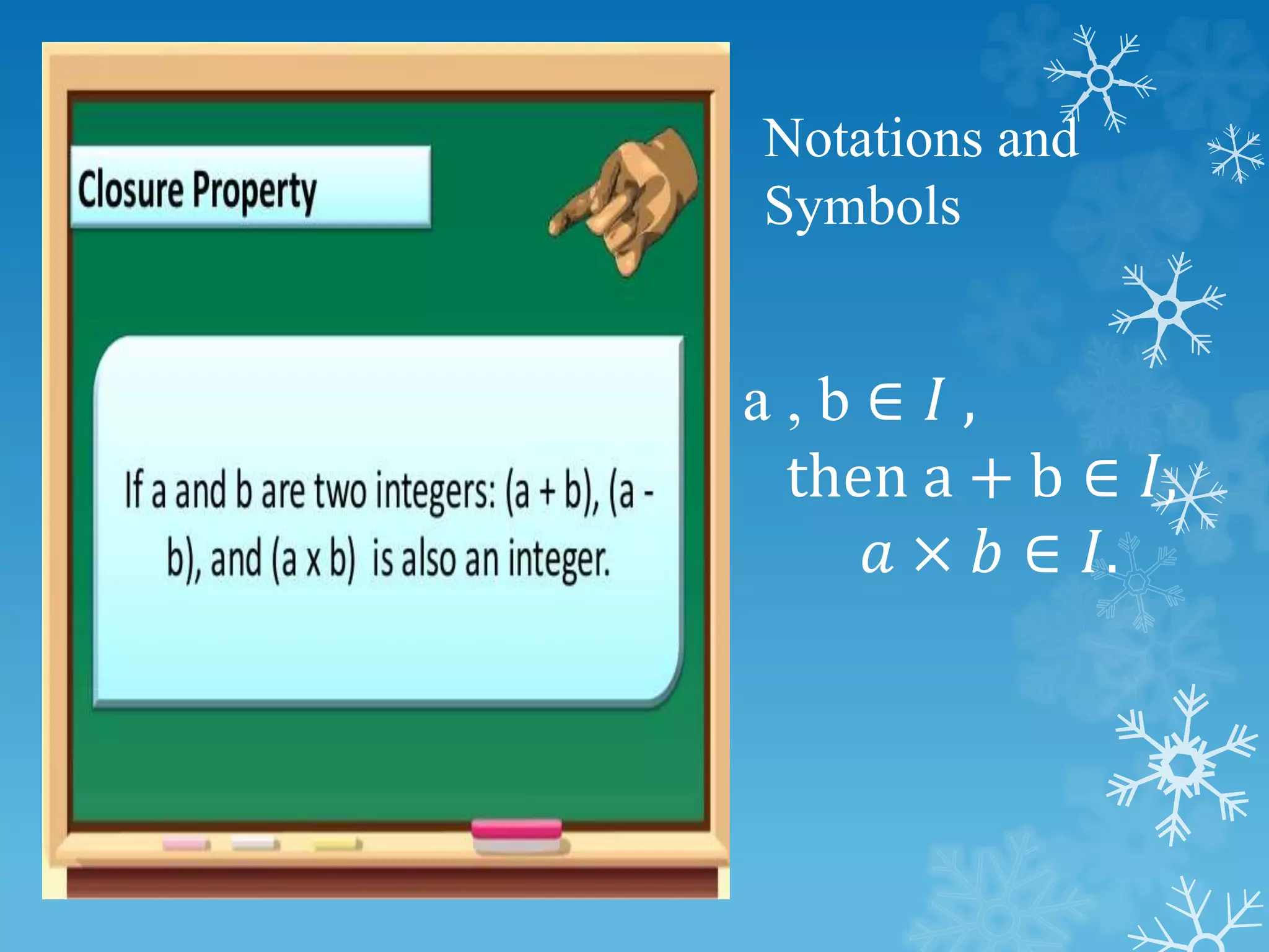 a , b ∈ 𝐼 ,
then a + b ∈ 𝐼,
𝑎 × 𝑏 ∈ 𝐼.
Notations and
Symbols