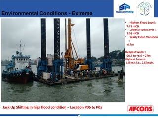 9
Environmental Conditions - Extreme
Jack Up Shifting in high flood condition – Location P06 to P05
• Highest Flood Level :
7.71 mCD
• Lowest Flood Level :
1.01 mCD
• Yearly Flood Variation
:
6.7m
Deepest Water :
-20.5 to +6.5 = 27m
Highest Current:
1.8 m/s i.e., 3.5 knots
 