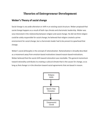 Theories of Entrepreneur Development
Weber’s Theory of social change
Social change is any wide alteration or shift in an existing social structure. Weber proposed that
social change happens as a result of both ripe climate and charismatic leadership. Weber was
very interested in the relationship between religion and social change. He did not think religion
could be solely responsible for social change; he believed that religion created a prime
environment for social change, but a charismatic leader had to be present to spearhead that
change.
Weber's social philosophy is the concept of rationalization. Rationalization is broadly described
as a movement away from emotion-based motivations toward reason-based motivations.
Weber believed that the social shift toward rationalism was inevitable. This general momentum
toward rationality contributes to creating a cultural climate that is the causes for change, so as
long as that change is in the direction toward social agreements that are based in reason.
 