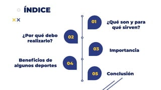 ÍNDICE°
02
01
03
04
¿Por qué debo
realizarlo?
Importancia
Beneﬁcios de
algunos deportes
¿Qué son y para
qué sirven?
05 Conclusión
 