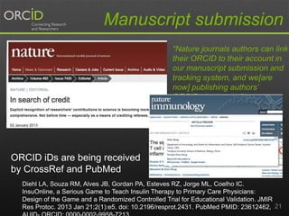 “Nature journals authors can link
their ORCID to their account in
our manuscript submission and
tracking system, and we[are
now] publishing authors’
ORCIDs in papers.”
Manuscript submission
ORCID iDs are being received
by CrossRef and PubMed
Diehl LA, Souza RM, Alves JB, Gordan PA, Esteves RZ, Jorge ML, Coelho IC.
InsuOnline, a Serious Game to Teach Insulin Therapy to Primary Care Physicians:
Design of the Game and a Randomized Controlled Trial for Educational Validation. JMIR
Res Protoc. 2013 Jan 21;2(1):e5. doi: 10.2196/resprot.2431. PubMed PMID: 23612462, 21
 