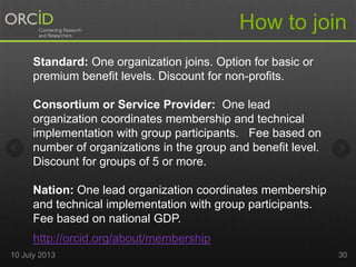 Standard: One organization joins. Option for basic or
premium benefit levels. Discount for non-profits.
Consortium or Service Provider: One lead
organization coordinates membership and technical
implementation with group participants. Fee based on
number of organizations in the group and benefit level.
Discount for groups of 5 or more.
Nation: One lead organization coordinates membership
and technical implementation with group participants.
Fee based on national GDP.
How to join
http://orcid.org/about/membership
10 July 2013 30
 