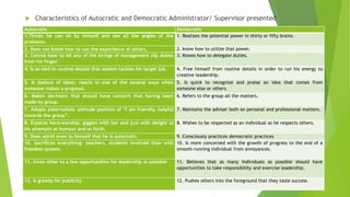  Characteristics of Autocratic and Democratic Administrator/ Supervisor presented
Autocratic Democratic
1.Thinks he can sit by himself and see all the angles of the
problems.
1. Realizes the potential power in thirty or fifty brains.
2. Does not know how to use the experience of others. 2. know how to utilize that power.
3. Cannot bear to let any of the strings of management slip duties
from his finger.
3. Knows how to delegate duties.
4. Is so tied to routine details that seldom tackles his target job. 4. Free himself from routine details in order to run his energy to
creative leadership.
5. Is jealous of ideas; reacts in one of the several ways when
someone makes a proposal.
5. Is quick to recognize and praise an idea that comes from
someone else or others.
6. Makes decisions that should have concern that having been
made by group.
6. Refers to the group all the matters.
7. Adopts paternalistic attitude position of “I am friendly, helpful
towards the group”.
7. Maintains the adviser both on personal and professional matters.
8. Expects hero-worship, giggles with fair and just with delight at
his attempts at humour and so forth.
8. Wishes to be respected as an individual as he respects others.
9. Does admit even to himself that he is autocratic. 9. Consciously practices democratic practices
10. Sacrifices everything- teachers, students involved than with
freedom system.
10. Is more concerned with the growth of progress to the end of a
smooth-running individual from annoyances.
11. Gives other to a few opportunities for leadership as possible 11. Believes that as many individuals as possible should have
opportunities to take responsibility and exercise leadership.
12. Is greedy for publicity 12. Pushes others into the foreground that they taste success
 