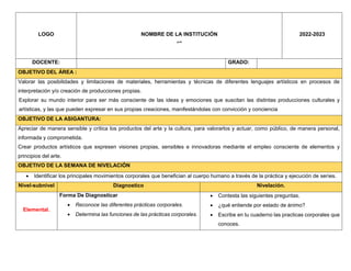 LOGO NOMBRE DE LA INSTITUCIÓN
“”
2022-2023
DOCENTE: GRADO:
OBJETIVO DEL ÁREA :
Valorar las posibilidades y limitaciones de materiales, herramientas y técnicas de diferentes lenguajes artísticos en procesos de
interpretación y/o creación de producciones propias.
Explorar su mundo interior para ser más consciente de las ideas y emociones que suscitan las distintas producciones culturales y
artísticas, y las que pueden expresar en sus propias creaciones, manifestándolas con convicción y conciencia
OBJETIVO DE LA ASIGANTURA:
Apreciar de manera sensible y crítica los productos del arte y la cultura, para valorarlos y actuar, como público, de manera personal,
informada y comprometida.
Crear productos artísticos que expresen visiones propias, sensibles e innovadoras mediante el empleo consciente de elementos y
principios del arte.
OBJETIVO DE LA SEMANA DE NIVELACIÓN
 Identificar los principales movimientos corporales que benefician al cuerpo humano a través de la práctica y ejecución de series.
Nivel-subnivel Diagnostico Nivelación.
Elemental.
Forma De Diagnosticar
 Reconoce las diferentes prácticas corporales.
 Determina las funciones de las prácticas corporales.
 Contesta las siguientes preguntas.
 ¿qué entiende por estado de ánimo?
 Escribe en tu cuaderno las practicas corporales que
conoces.
 