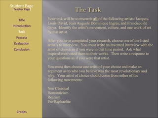 Student Page Introduction Task Process Evaluation Conclusion Credits [ Teacher Page ] Title Your task will be to research  all  of the following artists: Jacques-Louis David, Jean Auguste Dominique   Ingres, and Francisco de Goya.  Identify the artist’s movement, culture, and one work of art by that artist.  After you have completed your research, choose one of the listed artist’s to interview.  You must write an invented interview with the artist of choice as if you were in that time period.  Ask what inspired/motivated them to their works.  Then write a response to your questions as if you were that artist. You must then choose one artist of your choice and make an argument as to who you believe was the most revolutionary and why.  Your artist of choice should come from either of the following movements: Neo Classical Romanticism Realism Pre-Raphaelite 