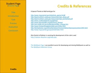 Student Page Title Introduction Task Process Evaluation Conclusion Credits [ Teacher Page ] A Special Thanks to MyPramid.gov for the tools, information and interactive games. http:// www.mypyramid.gov/kids/kids_game.html # http:// teamnutrition.usda.gov/resources/mpk_close.pdf http:// teamnutrition.usda.gov/resources/mpk_worksheet.pdf http:// www.coolfoodplanet.org/gb/kidz / http:// www.teenshealth.org/teen/food_fitness / http:// win.niddk.nih.gov/publications/take_charge.htm http:// www.fruitsandveggiesmatter.gov/index.html http://familydoctor.org/online/famdocen/home/children/teens/prevention/285.html http:// www.mypyramid.gov/pyramid/index.html Also thanks to Rubistar in assisting the development of the rubric used http://rubistar.4teachers.org/index.php The WebQuest Page   is an excellent source for developing and sharing WebQuests as well as  The WebQuest  Slideshare  Group 