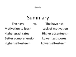 Slide nine Summary The have  vs.  The have not  Motivation to learn  Lack of motivation Higher grad. rates  Higher absenteeism Better comprehension  Lower test scores Higher self-esteem  Lower self-esteem 