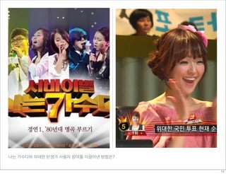 나는 가수다와 위대한 탄생가 사용자 참여를 이끌어낸 방법은?
11
 