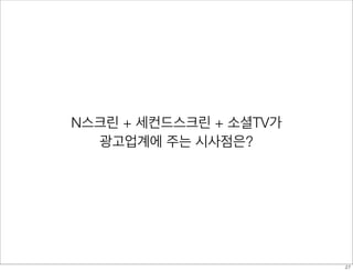 N스크린 + 세컨드스크린 + 소셜TV가
광고업계에 주는 시사점은?
27
 