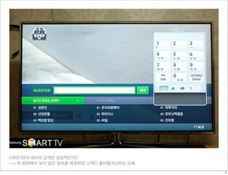 스마트TV의 네이버 검색은 성공적인가?
--> 한 화면에서 보다 많은 정보를 제공하면 고객이 좋아할거다라는 오해
3
 