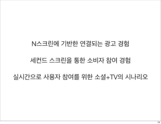 N스크린에 기반한 연결되는 광고 경험
세컨드 스크린을 통한 소비자 참여 경험
실시간으로 사용자 참여를 위한 소셜+TV의 시나리오
28
 