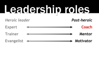 Leadership roles
Heroic leader
Expert
Trainer
Evangelist
Post-heroic
Coach
Mentor
Motivator
 