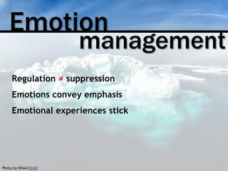 Emotion
management
Regulation ≠ suppression
Emotions convey emphasis
Emotional experiences stick
Photo by NOAA [link]
 