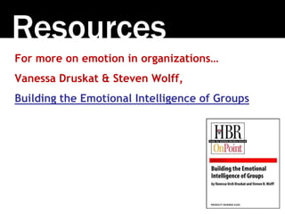 Resources
For more on emotion in organizations…
Vanessa Druskat & Steven Wolff,
Building the Emotional Intelligence of Gro...