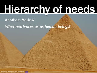 Hierarchy of needs
Photo by Wilhelm Joys Anderson [link]
Abraham Maslow
What motivates us as human beings?
 