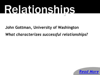 Relationships
John Gottman, University of Washington
What characterizes successful relationships?
Read More
 