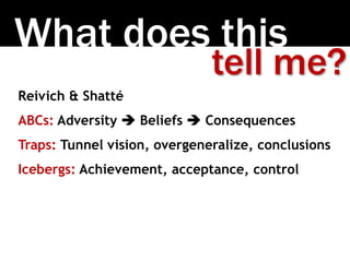 What does this
Reivich & Shatté
ABCs: Adversity  Beliefs  Consequences
Traps: Tunnel vision, overgeneralize, conclusions
Icebergs: Achievement, acceptance, control
tell me?
 