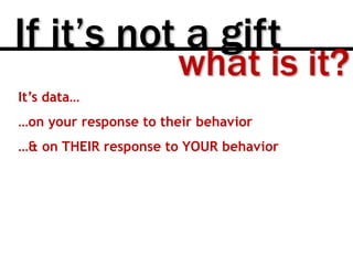 If it’s not a gift
It’s data…
…on your response to their behavior
…& on THEIR response to YOUR behavior
what is it?
 