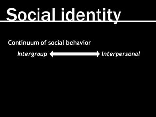 Social identity
Continuum of social behavior
Intergroup Interpersonal
 
