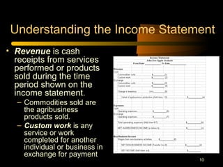 10
Understanding the Income Statement
• Revenue is cash
receipts from services
performed or products
sold during the time
period shown on the
income statement.
– Commodities sold are
the agribusiness
products sold.
– Custom work is any
service or work
completed for another
individual or business in
exchange for payment
 