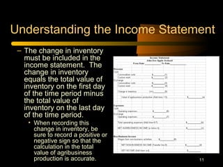11
Understanding the Income Statement
– The change in inventory
must be included in the
income statement. The
change in inventory
equals the total value of
inventory on the first day
of the time period minus
the total value of
inventory on the last day
of the time period.
• When recording this
change in inventory, be
sure to record a positive or
negative sign so that the
calculation in the total
value of agribusiness
production is accurate.
 