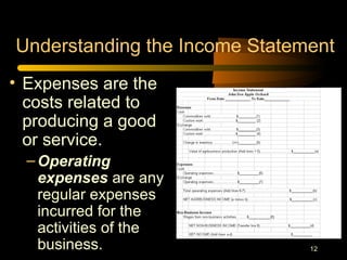 12
Understanding the Income Statement
• Expenses are the
costs related to
producing a good
or service.
–Operating
expenses are any
regular expenses
incurred for the
activities of the
business.
 