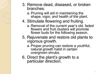 3. Remove dead, diseased, or broken
branches.
a. Pruning will aid in maintaining the
shape, vigor, and health of the plant.
4. Stimulate flowering and fruiting.
a. Removal of the current year’s old, faded
flowers and fruit clusters will promote
flower buds for the following season.
5. Rejuvenate and restore old plants to
vigorous growth.
a. Proper pruning can restore a youthful,
natural growth habit in certain
overgrown shrubs.
6. Direct the plant’s growth to a
particular direction.
6
 