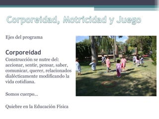 Ejes del programa


Corporeidad
Construcción se nutre del:
accionar, sentir, pensar, saber,
comunicar, querer, relacionados
dialécticamente modificando la
vida cotidiana.

Somos cuerpo...

Quiebre en la Educación Física
 