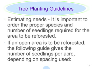 18
Tree Planting Guidelines
· Estimating needs - It is important to
order the proper species and
number of seedlings required for the
area to be reforested.
· If an open area is to be reforested,
the following guide gives the
number of seedlings per acre,
depending on spacing used:
 